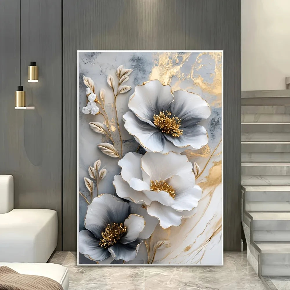 Modern Luxury Floral Canvas Mural Framed 3D Painting For Living Room