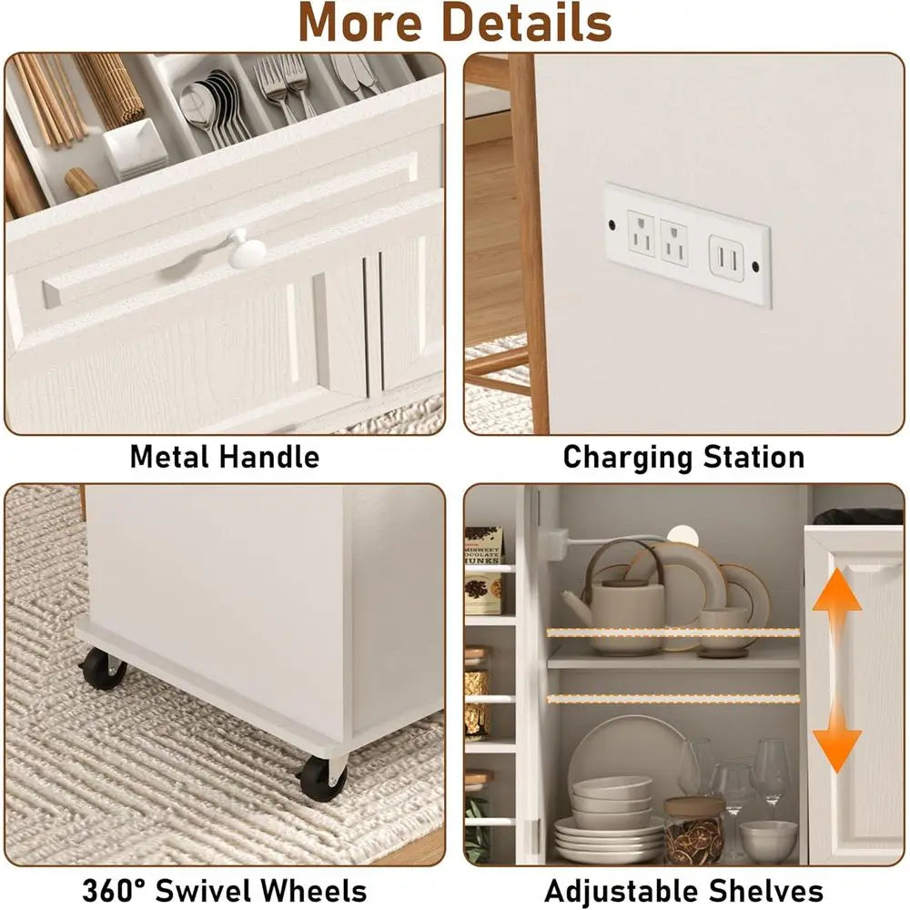 Mobile Kitchen Island Cart With Power Outlet Drop Leaf Storage