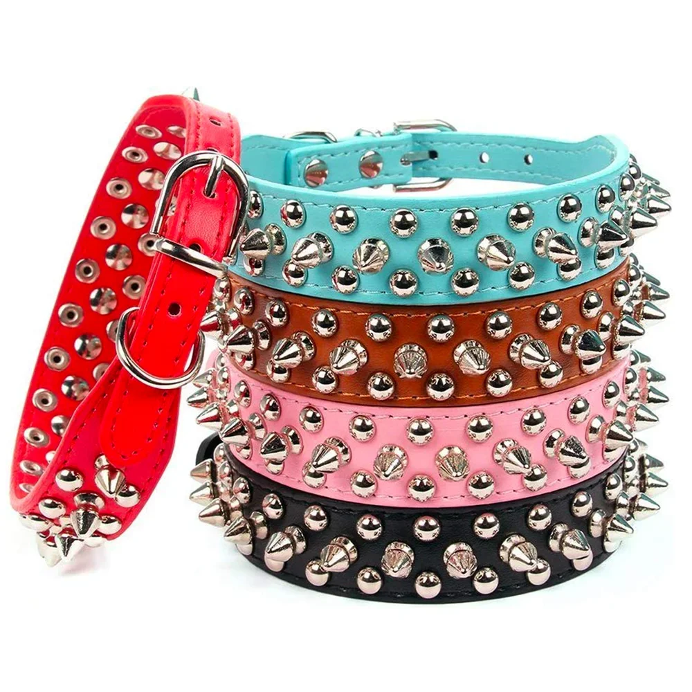 Adjustable PU Leather Dog Collar with Punk Rivet Spikes