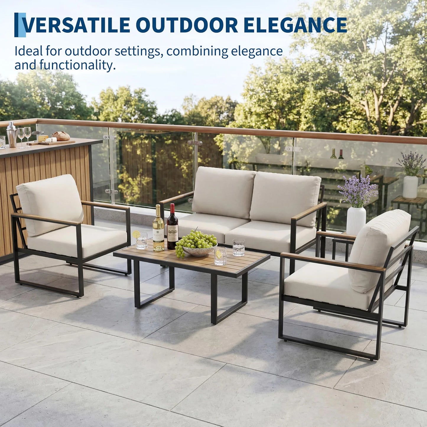 HobbyLane Modern 4 Piece Outdoor Patio Furniture Set With Coffee Table