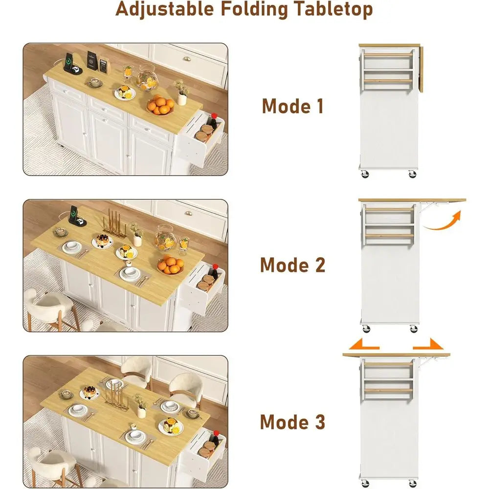 Mobile Kitchen Island Cart With Power Outlet Drop Leaf Storage