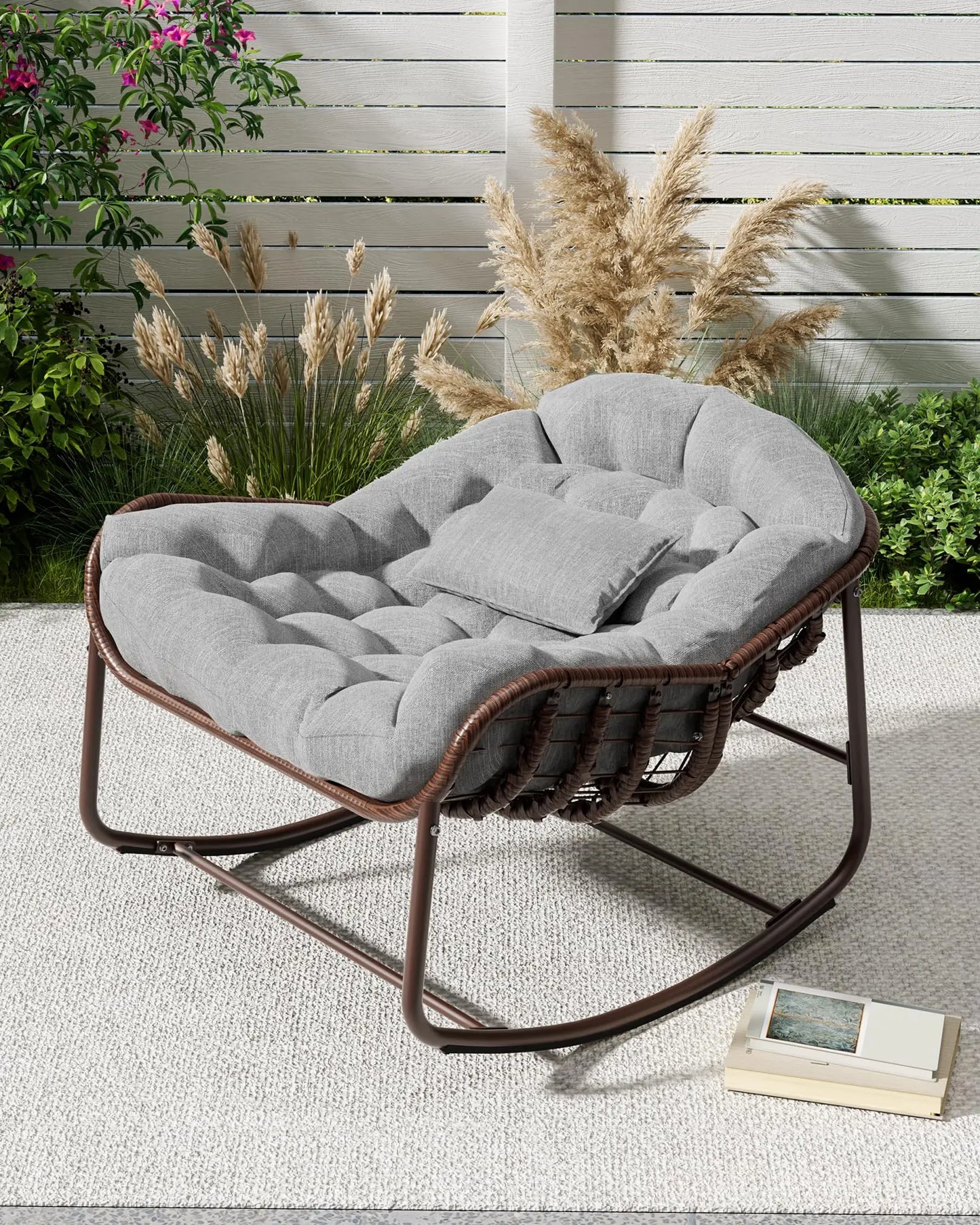 HiMISS Outdoor Papasan Rocking Chair With Cushion Wicker Egg Lounge