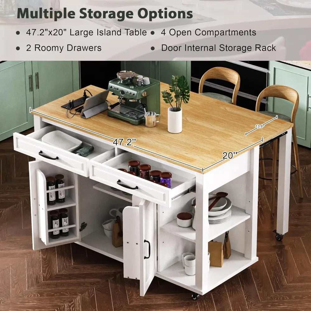 Kitchen Island With Extendable Table Power Outlet Storage Drawers Cabinets