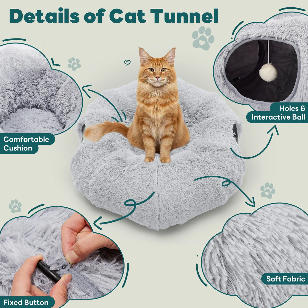 JHK Circular Cat Tunnel Bed With Soft Plush Washable Playground