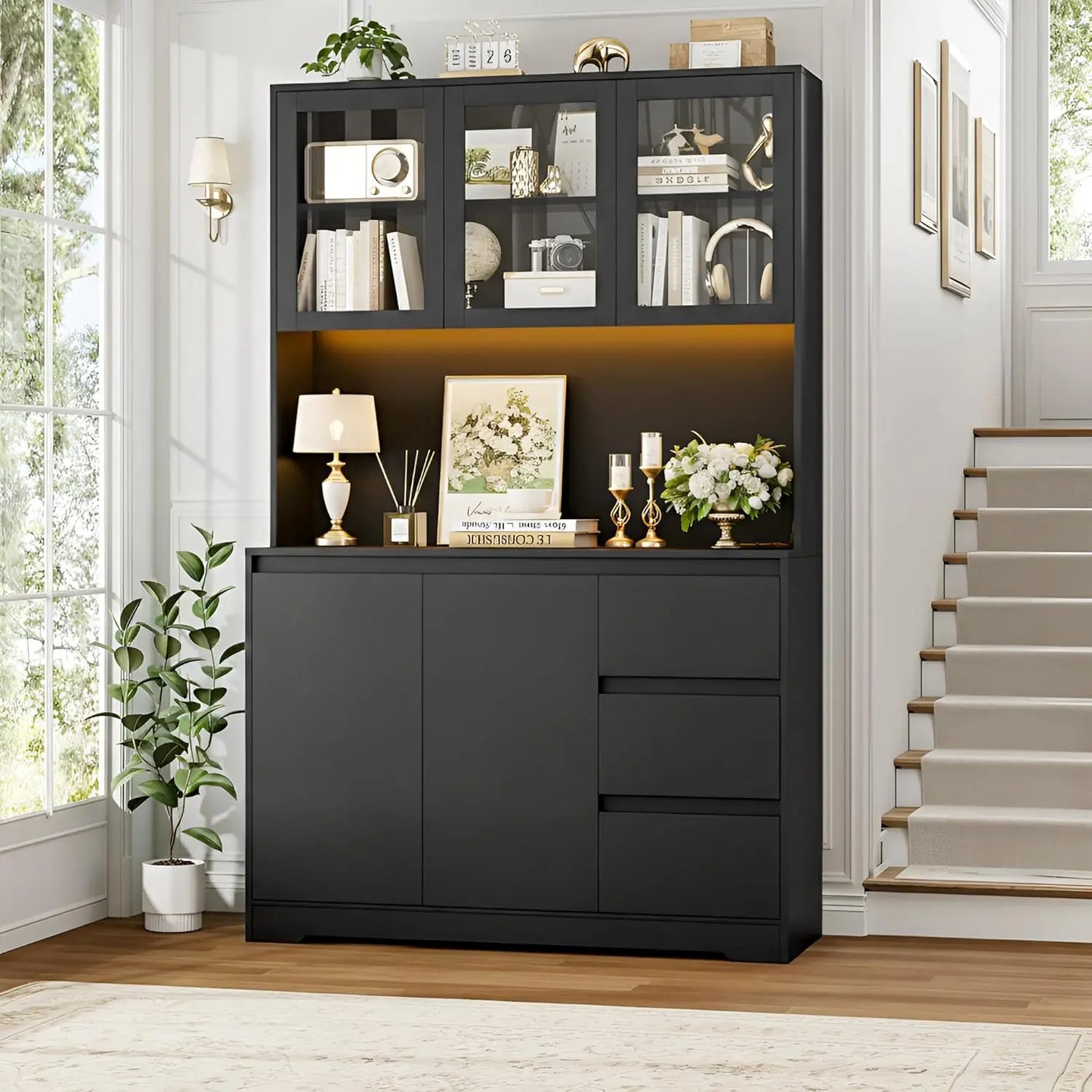 Kitchen Pantry Cabinet With LED Lights And Charging Station