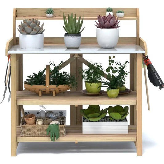 Garden Potting Bench With Galvanized Steel Top And Hooks