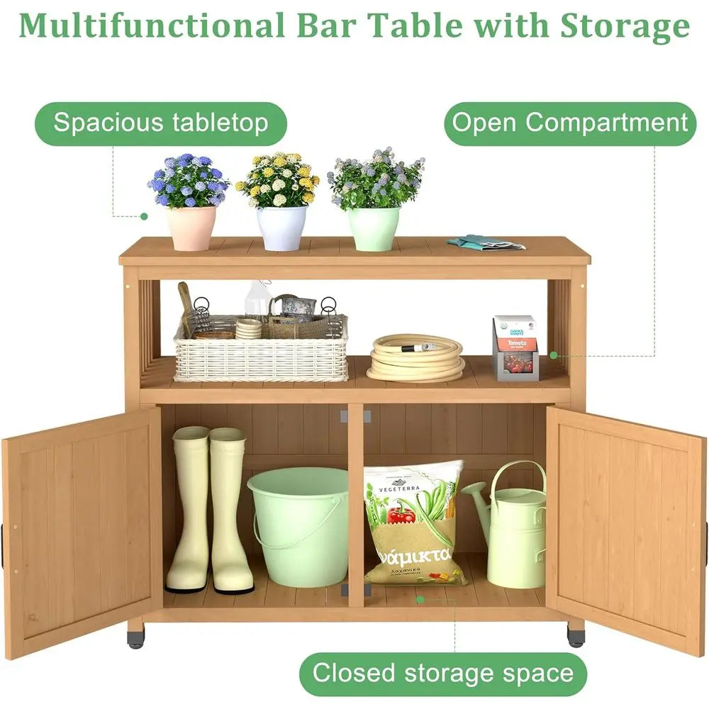 Outdoor Potting Bench With Storage Cabinet And Metal Top