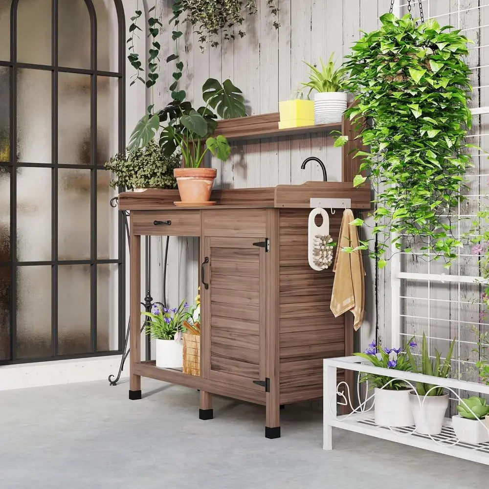 Outdoor Potting Bench With Removable Sink And Storage Cabinet