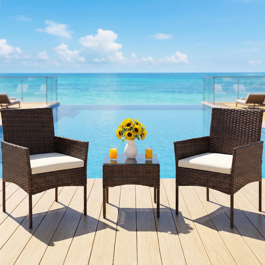 JHK Three Piece Outdoor Wicker Patio Bistro Set With Cushions