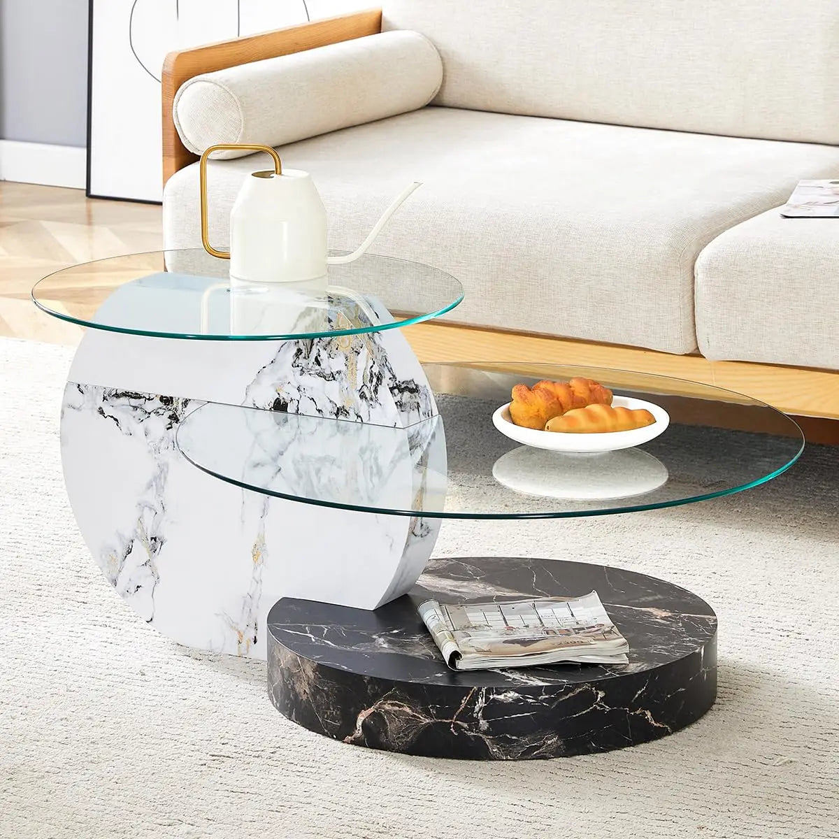 Round Glass Coffee Table With Wood Base Storage Modern Design