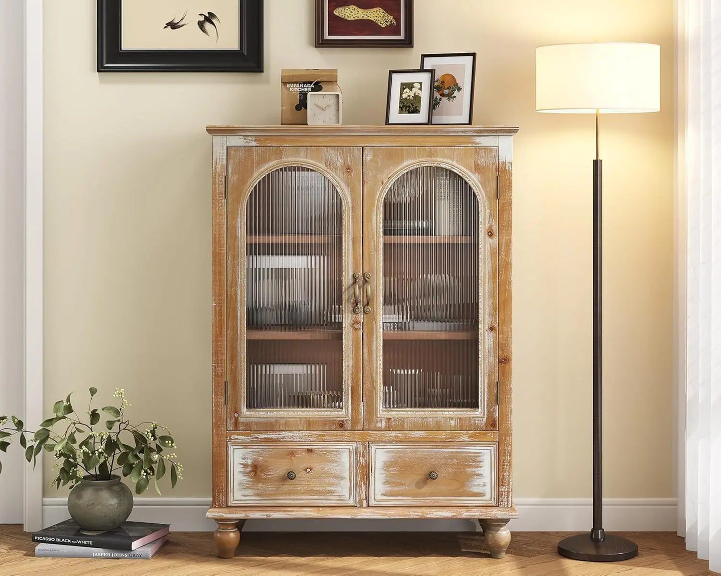 Country Vintage Sideboard Buffet Cabinet With Embossed Floral Metal Doors