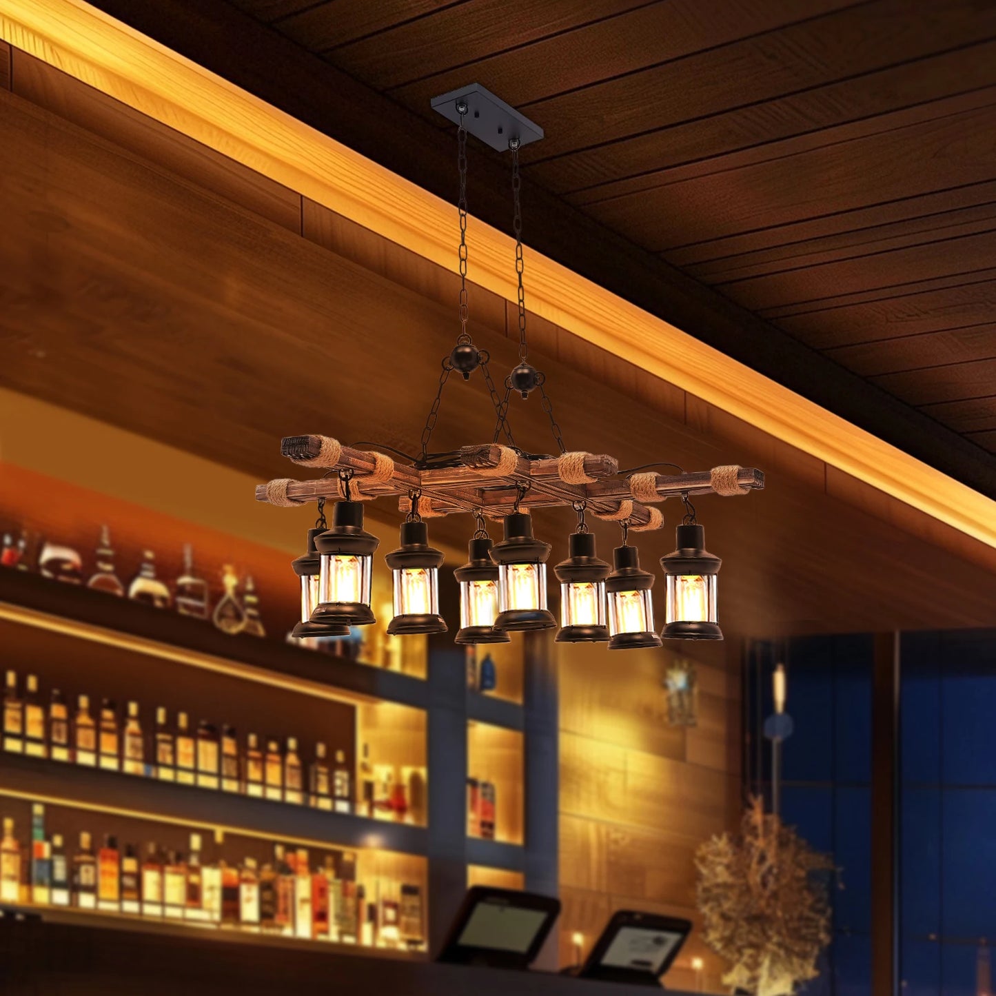 Vintage Wood Ceiling Chandelier Retro Industrial Pendant Lamp