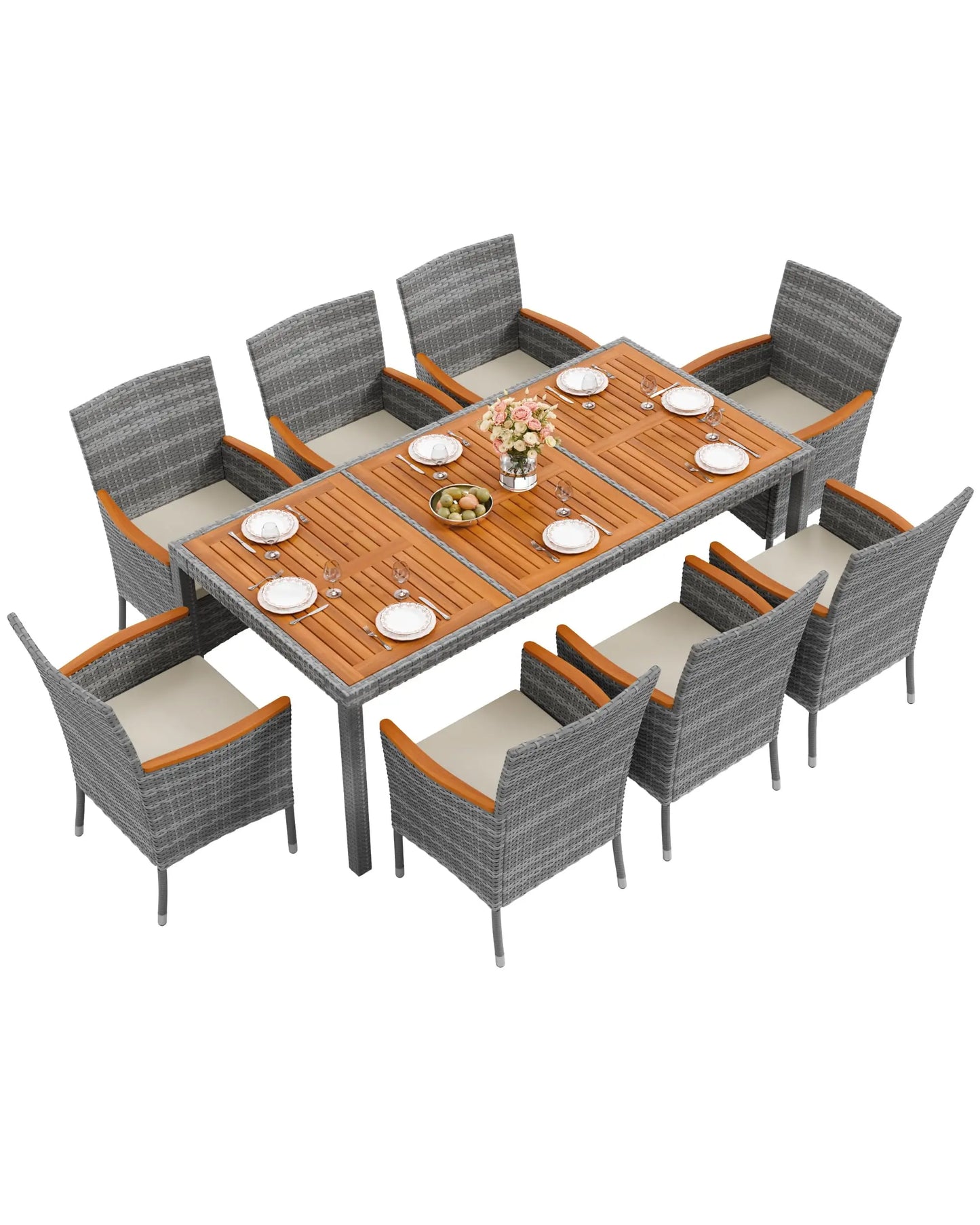 Acacia Wood Patio Dining Set With Cushions And Wicker Outdoor Furniture