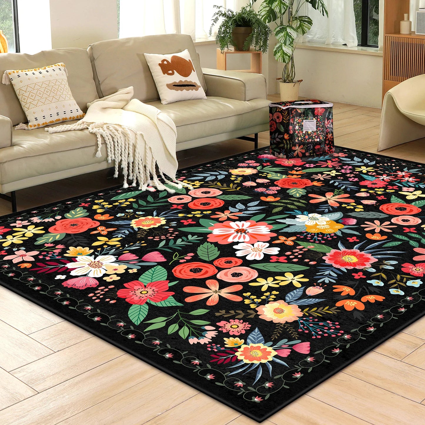 Boho Floral Washable Rug Non Slip Low Pile For Home