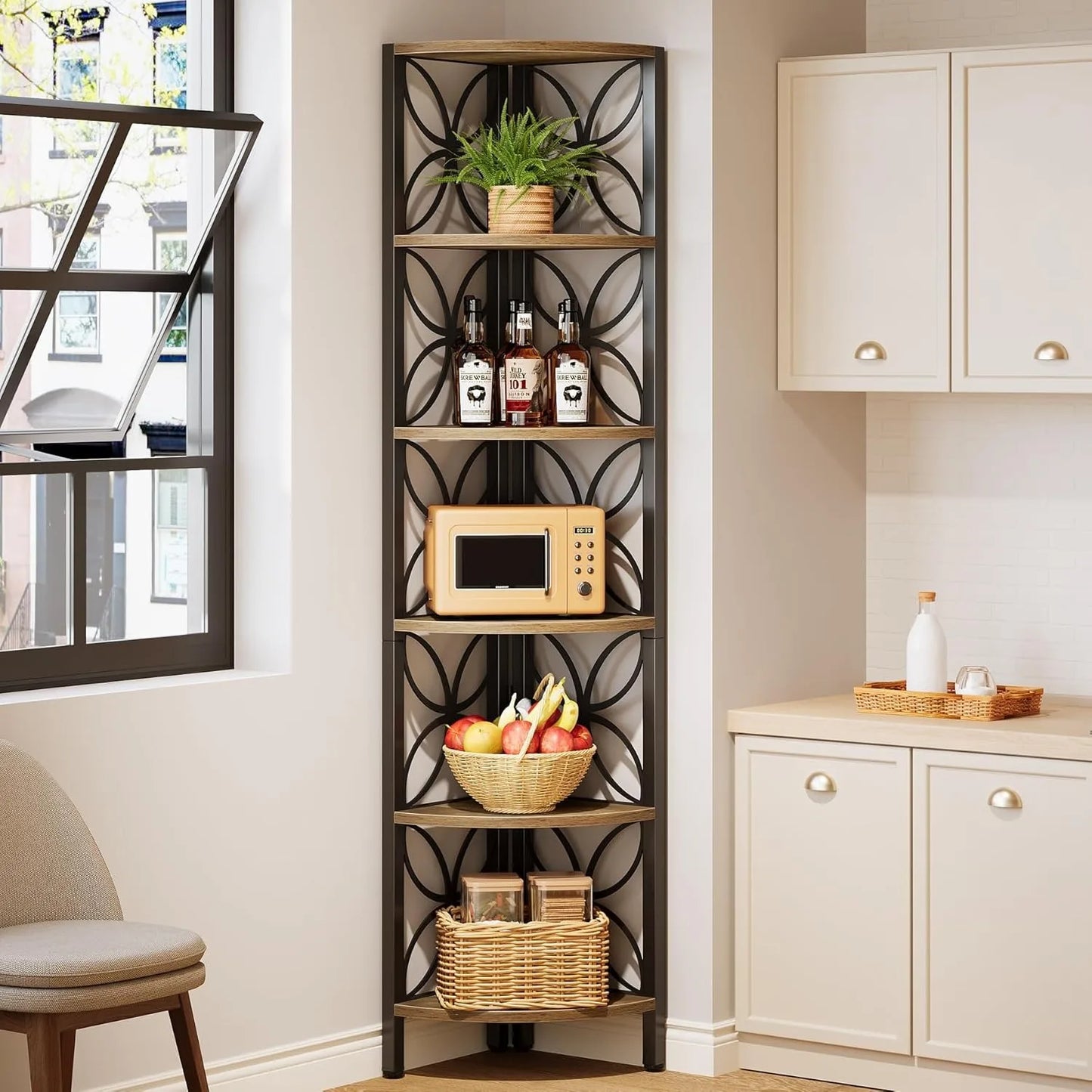 Little Tree 6-Tier Corner Shelf Industrial Wood Display Living Room
