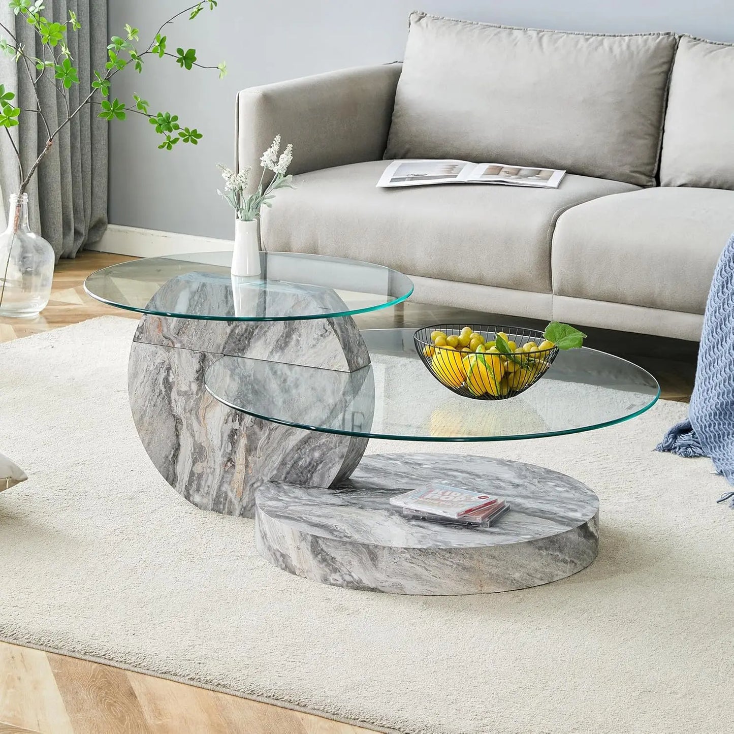 Round Glass Coffee Table With Wood Base Storage Modern Design