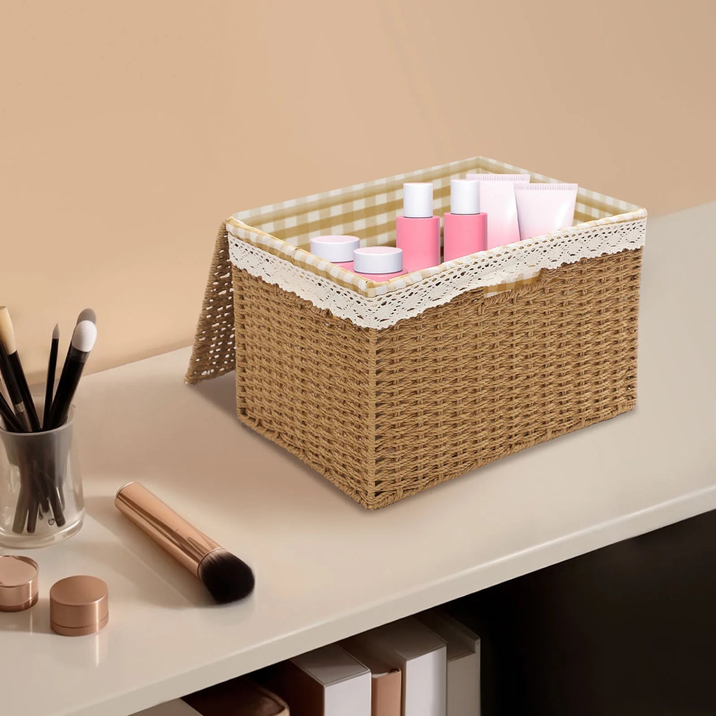 Bymaocar Woven Storage Baskets Set With Lids Sundries Organizer