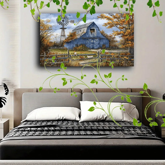 Country Farmhouse Canvas Art With Wooden Frame Autumn Scene
