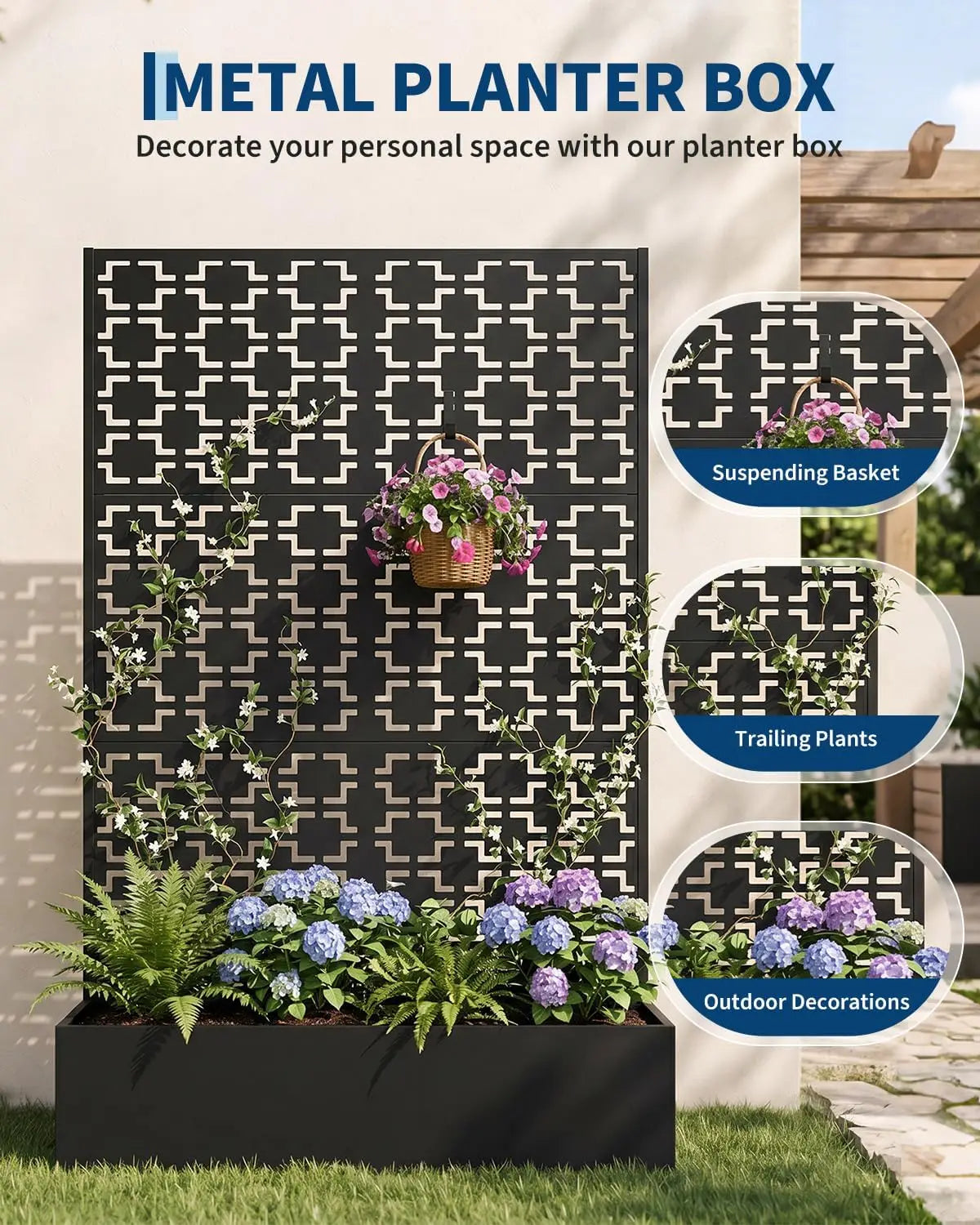 HiMISS Metal Raised Planter Box With Trellis Outdoor Garden