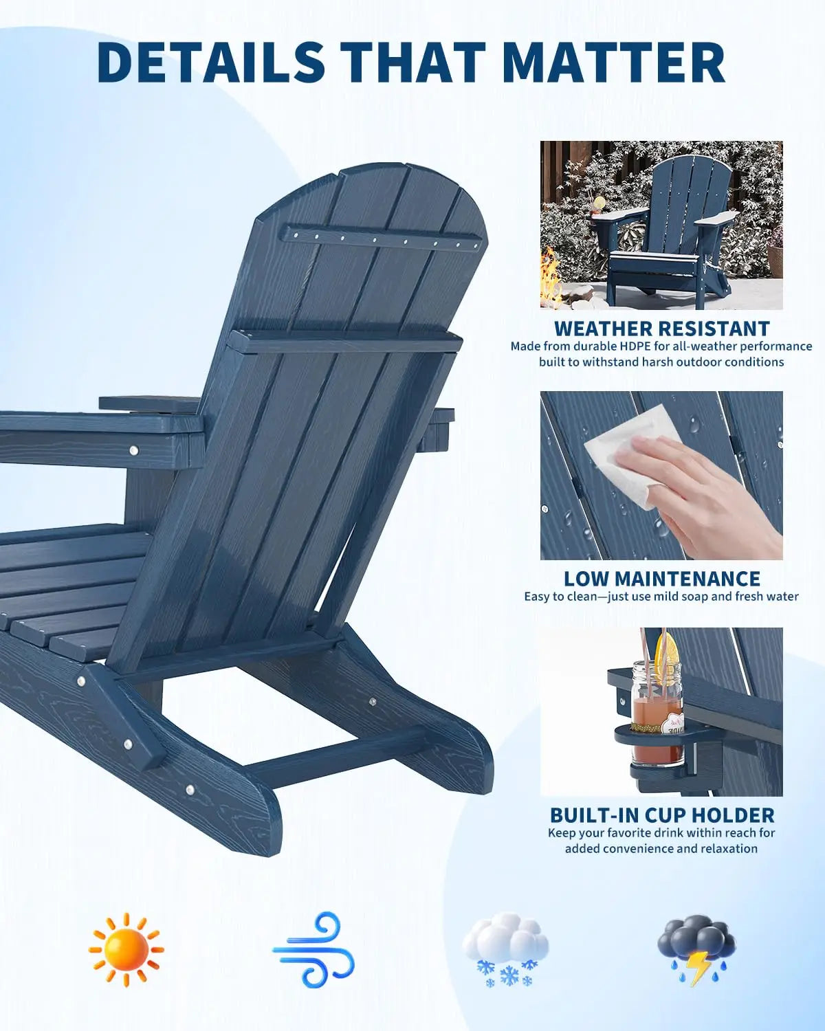 Folding Adirondack Chair All-Weather HDPE Outdoor Cup Holder