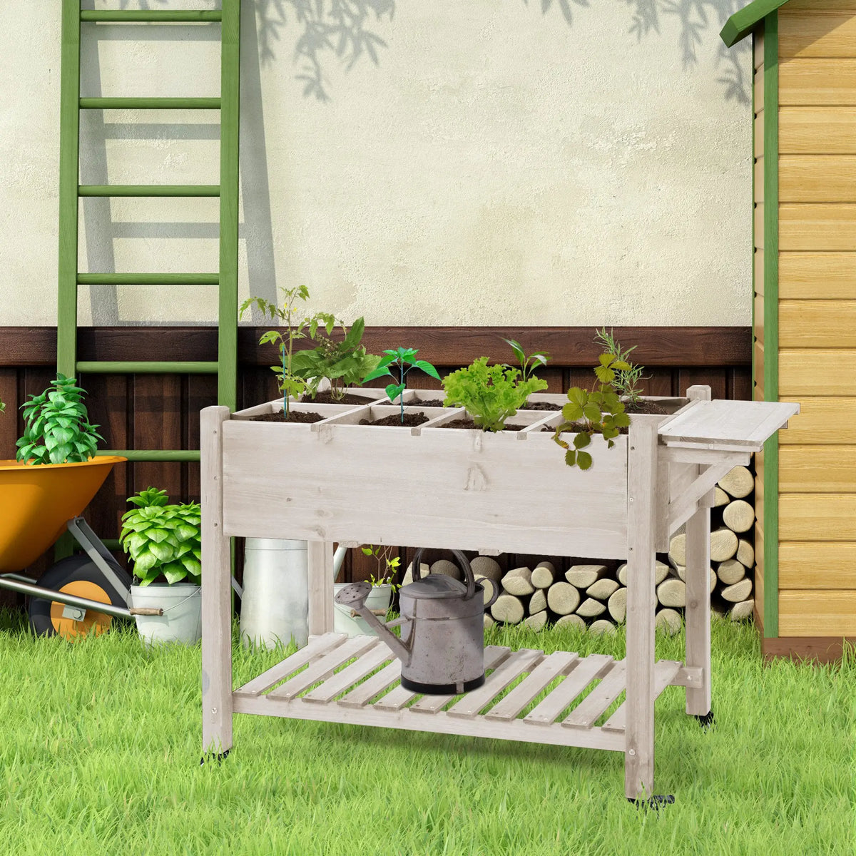 Outsunny 8 Grid Rolling Garden Planter With Integrated Storage Shelf