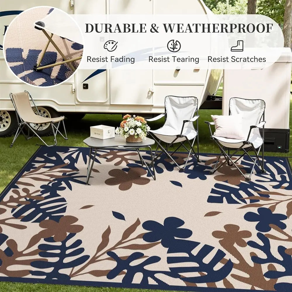 DIXSG Outdoor Rug Waterproof RV Reversible Floral Camping Patio Mat