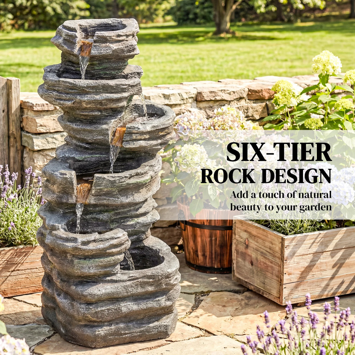 Outsunny Outdoor Six Tier Rock Waterfall Fountain for Garden Relaxation