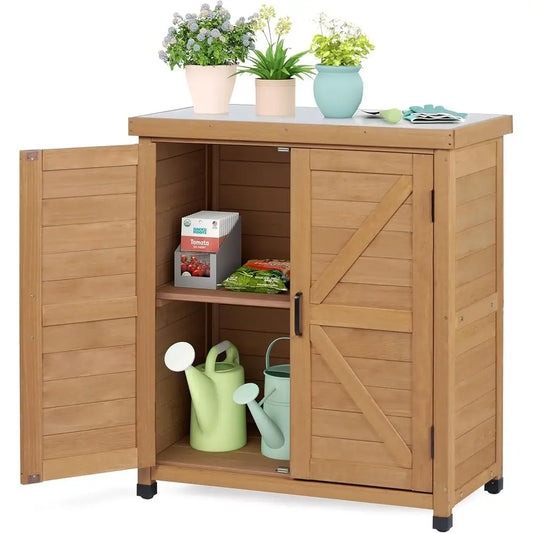 Outdoor Storage Cabinet Potting Bench Table With Metal Top