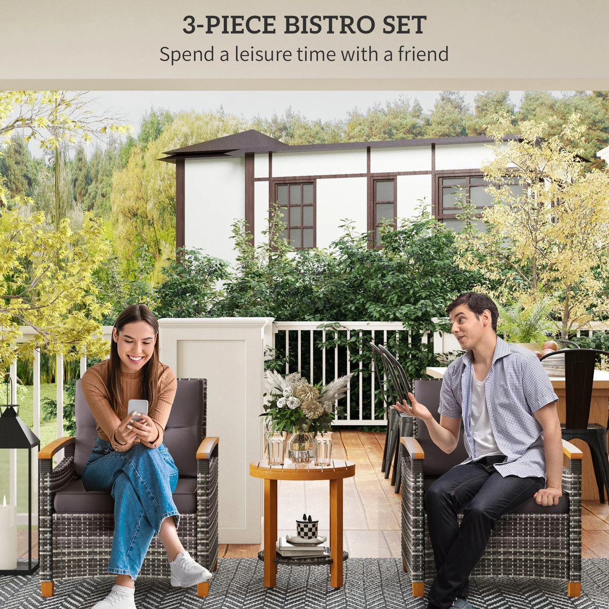 Outsunny Rattan Wicker Patio Bistro Set With Cushions