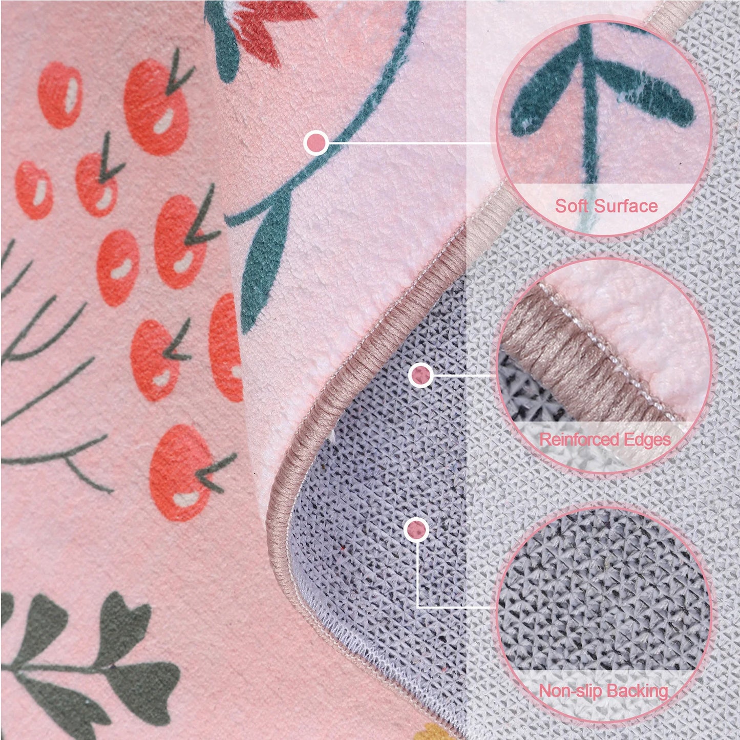 Boho Floral Washable Rug Non Slip Low Pile For Home