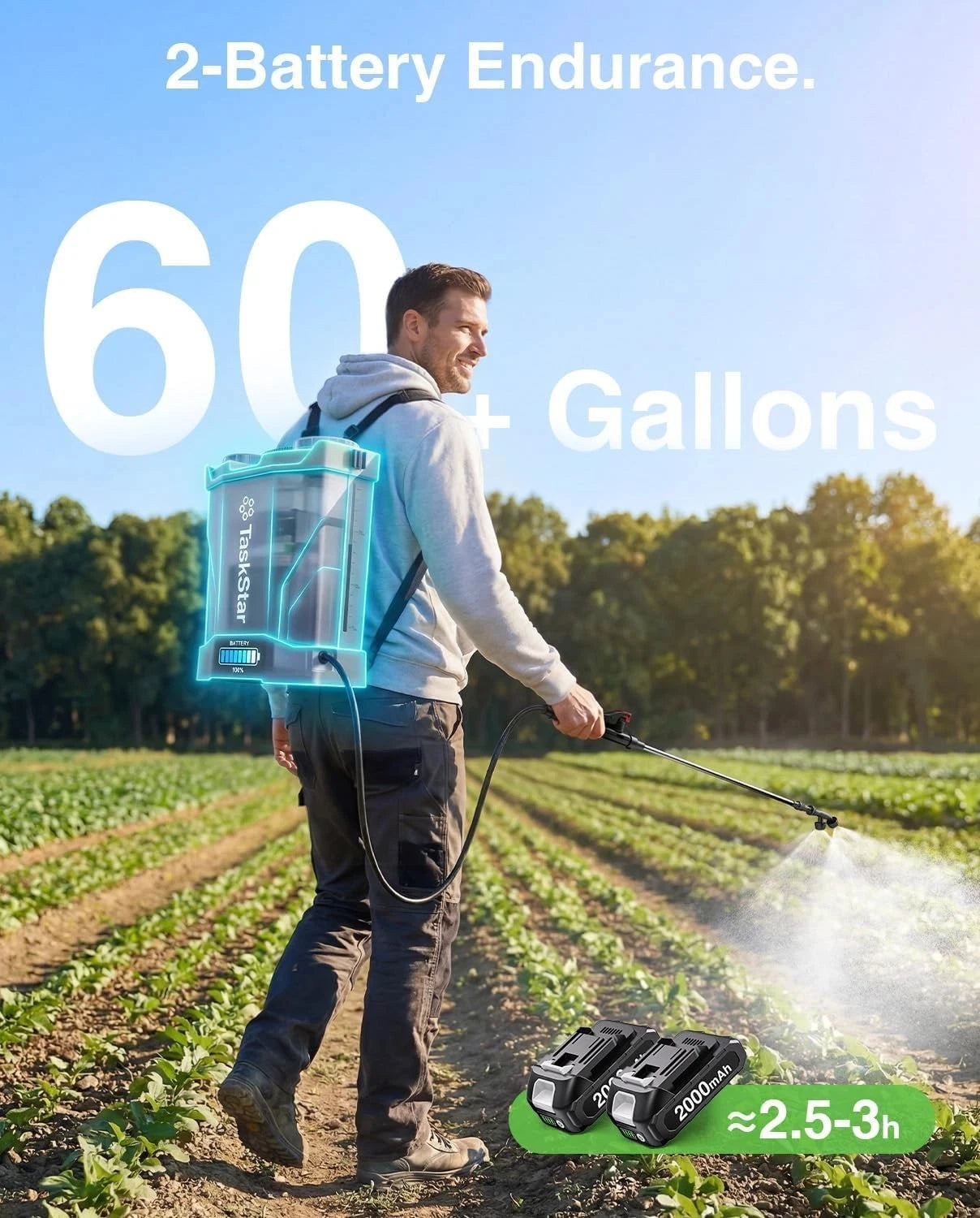 TaskStar Cordless Backpack Sprayer For Pesticides With Dual 2000mAh Batteries