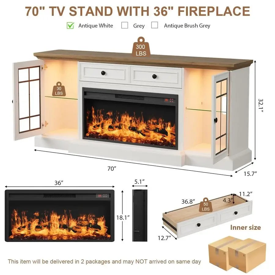 Farmhouse Media Console Entertainment Center With Electric Fireplace Led Lights