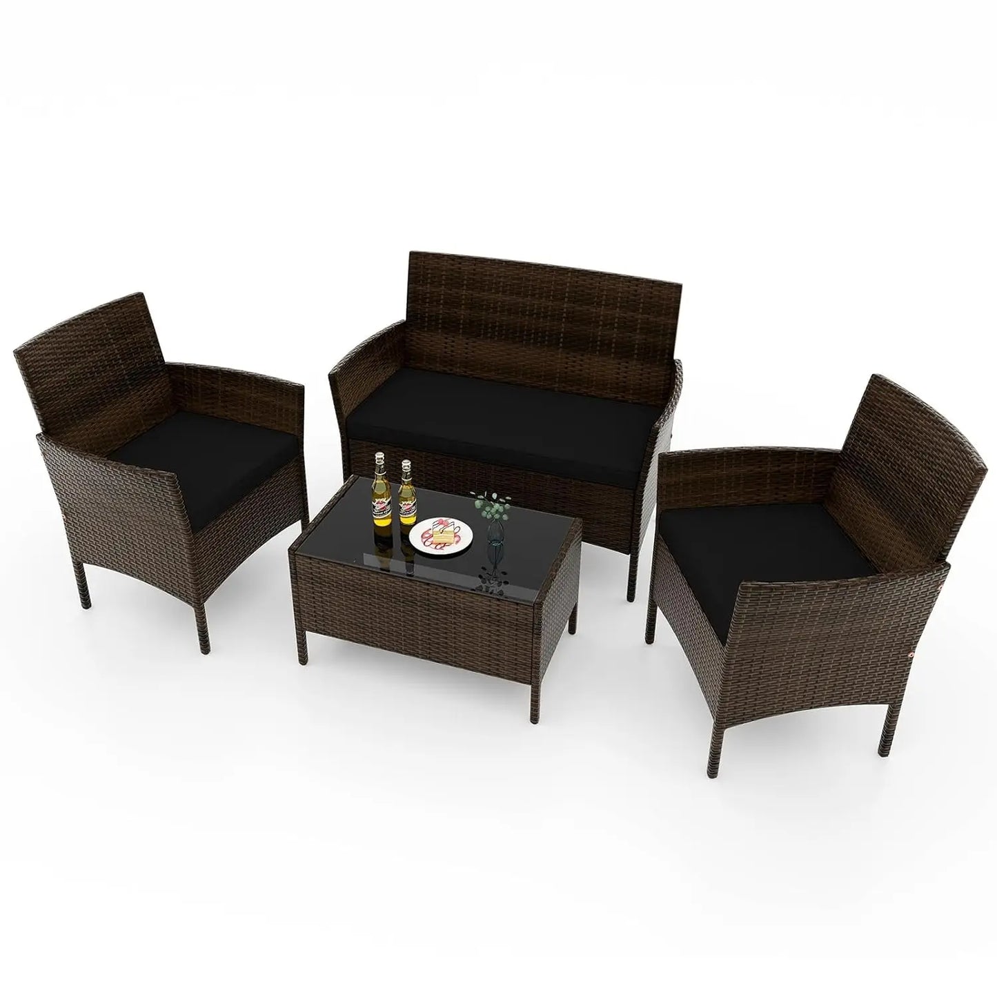 Rattan Outdoor 4-Piece Patio Set With Cushions And Glass Coffee Table