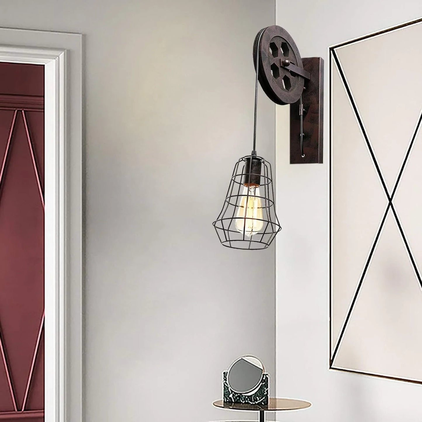 Bymaocar Industrial Wall Sconce Lift Pulley Iron Cage Shade