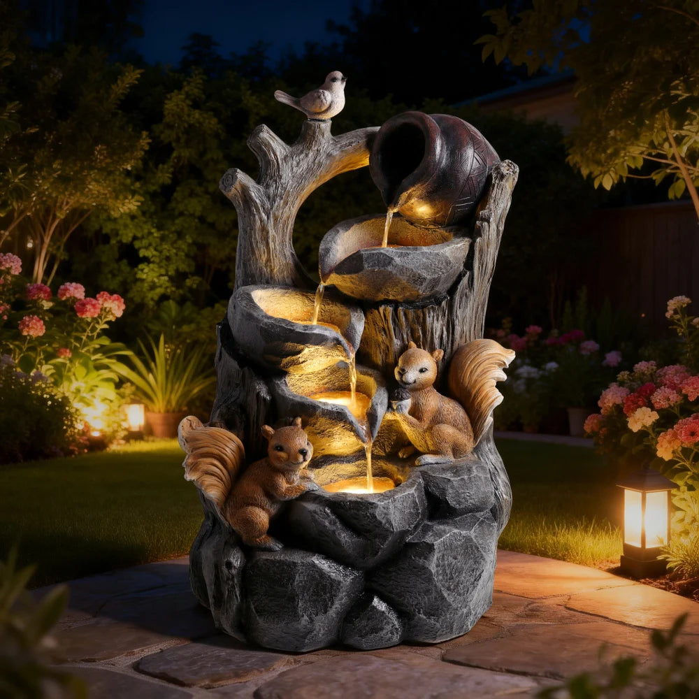 Squirrel Tree Stump Waterfall Fountain With Lights For Garden Patio