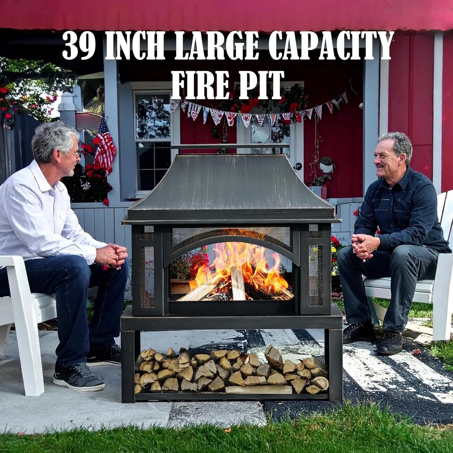 Wood Burning Outdoor Fireplace With Chimney Wood Storage And Spark Screen