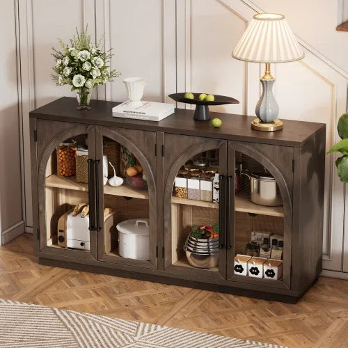 Arched 4-Door Sideboard Buffet Cabinet With Glass Doors