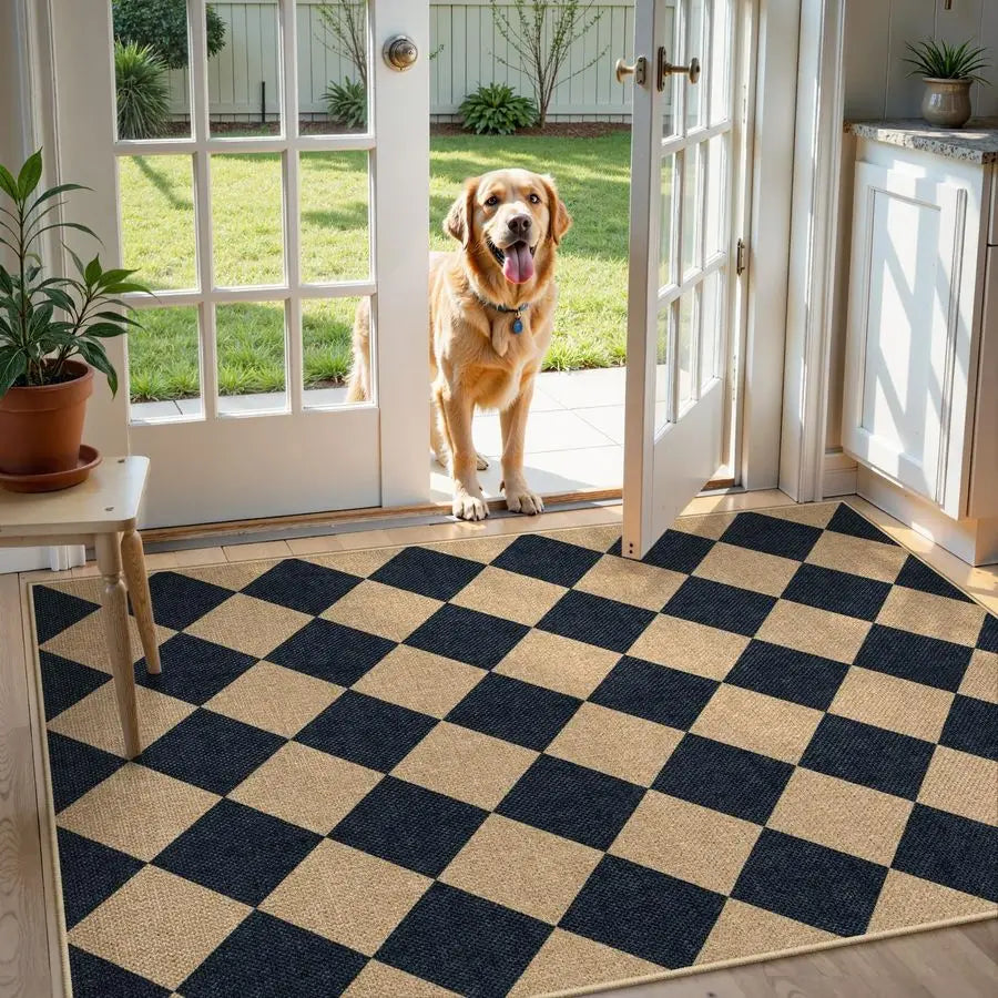 Checkered Jute Outdoor Rug For Patio And Entryway Washable