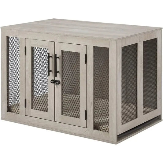 Stylish Wooden Dog Crate With Cushion And Integrated End Table