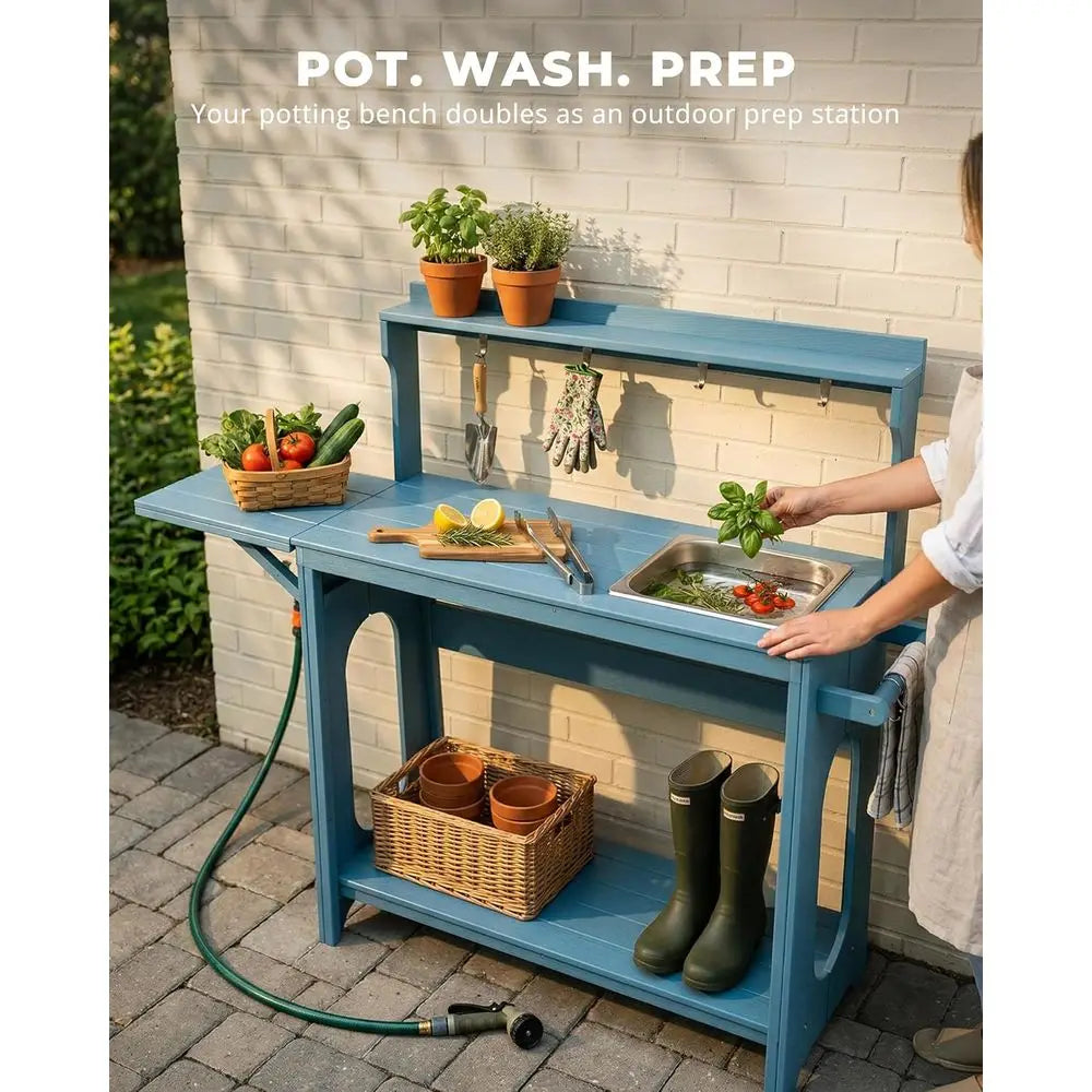 Outdoor Potting Bench With Removable Sink And Foldable Extension