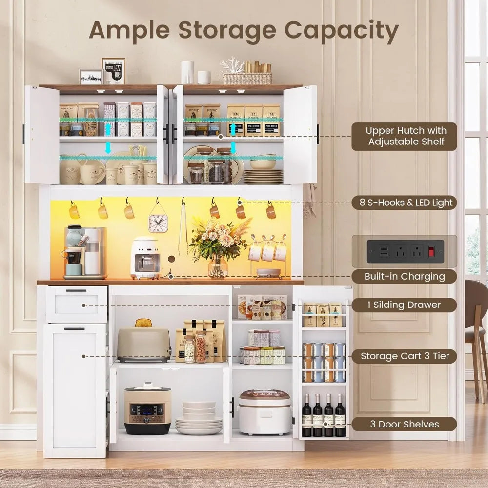Pantry Cabinet With Microwave Stand And Charging Station LED Light