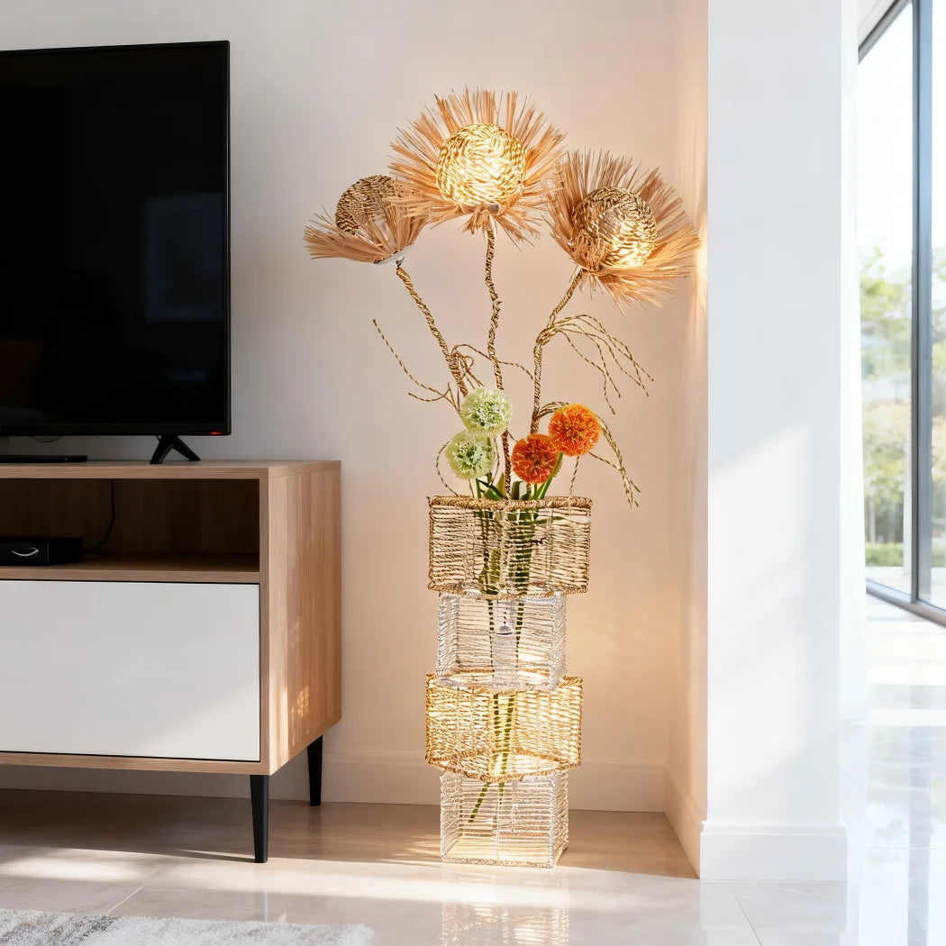Modern Rattan Floor Lamp With Dimmable LED Night Light