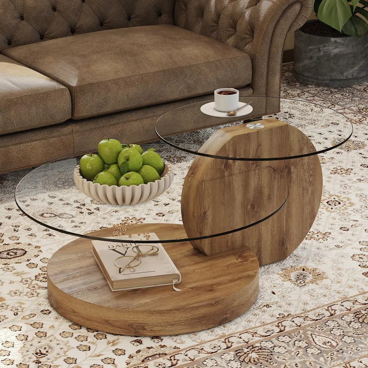 Round Glass Coffee Table With Wood Base Storage Modern Design