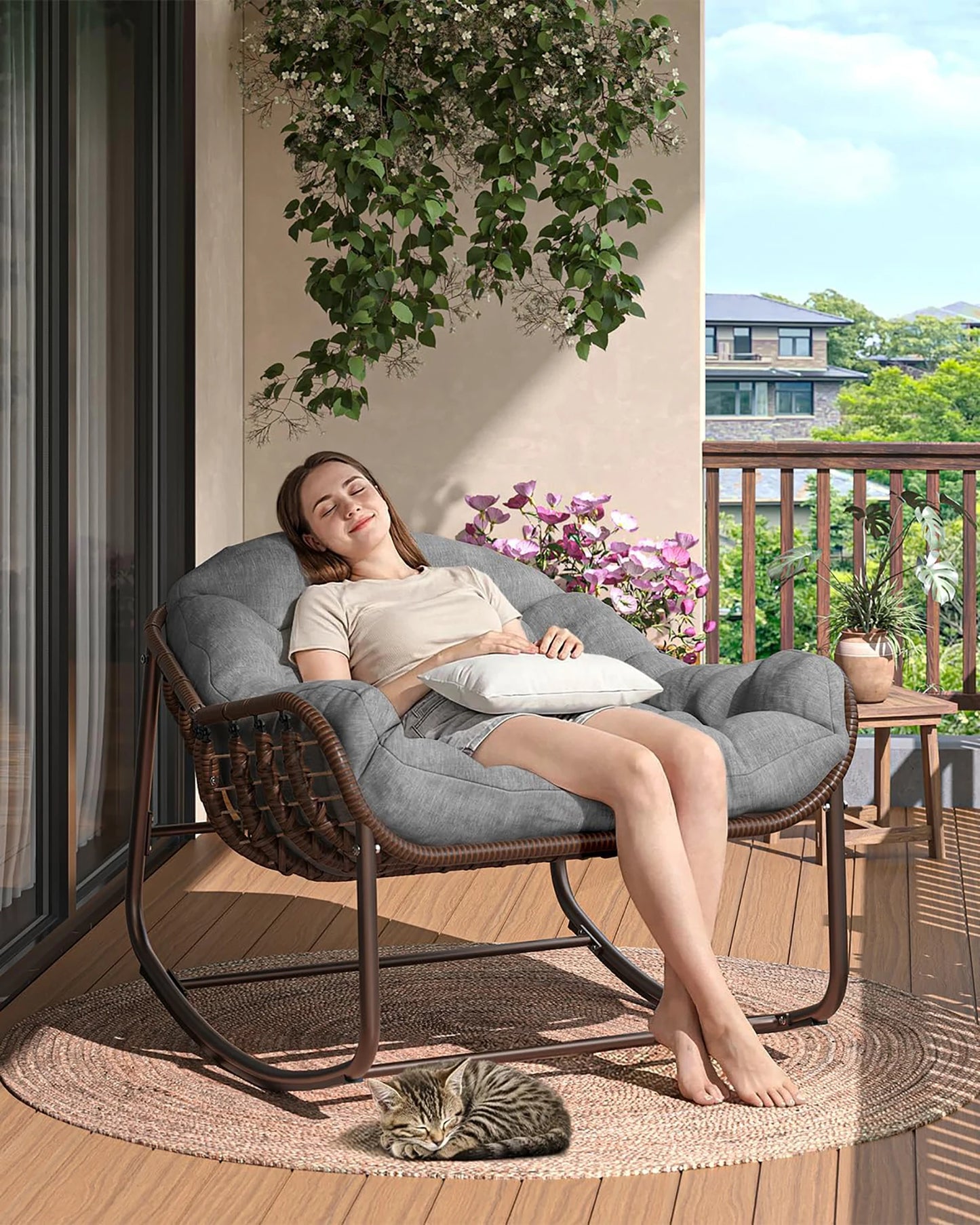 HiMISS Outdoor Papasan Rocking Chair With Cushion Wicker Egg Lounge