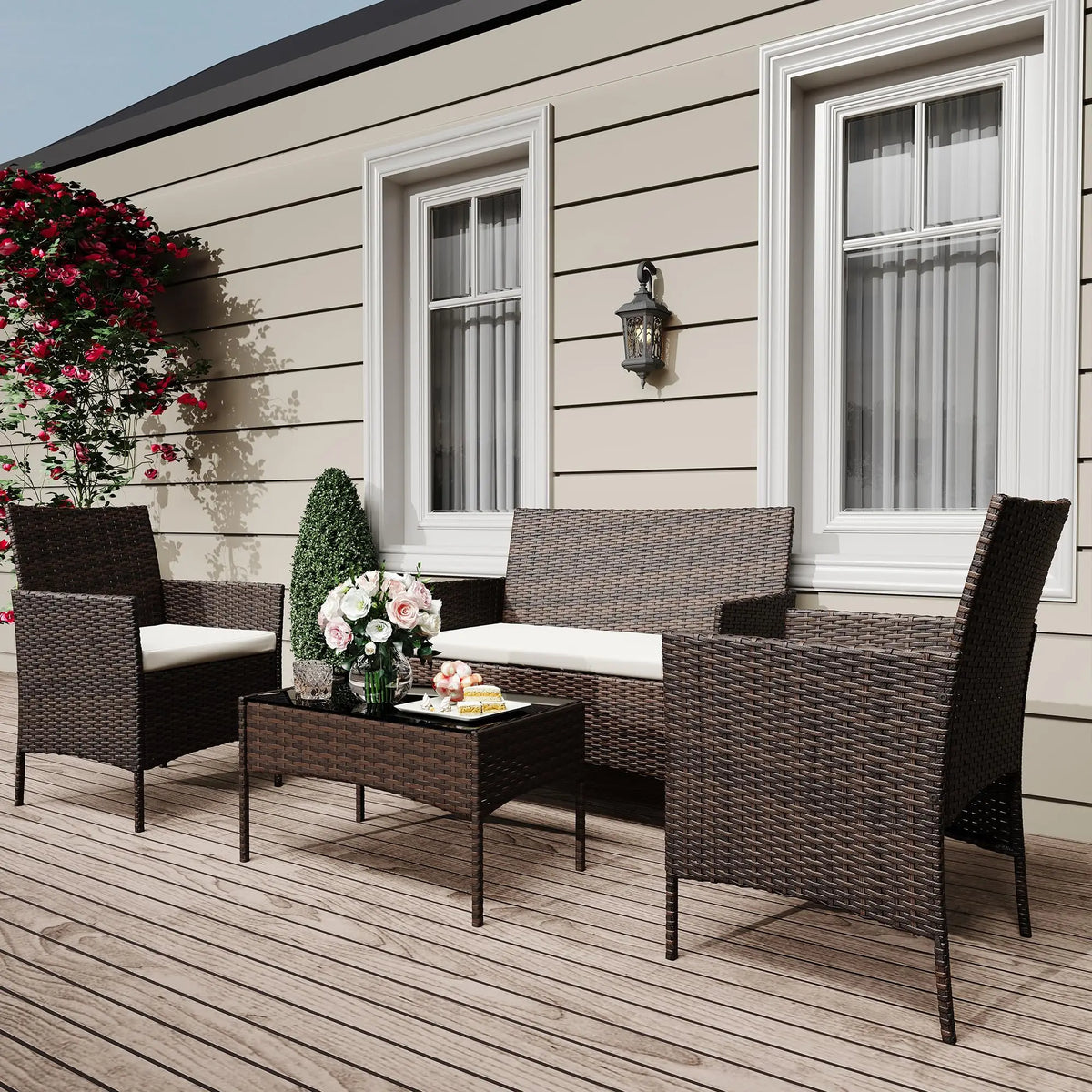 HiMISS Four Piece Outdoor Rattan Patio Furniture Set With Cushions