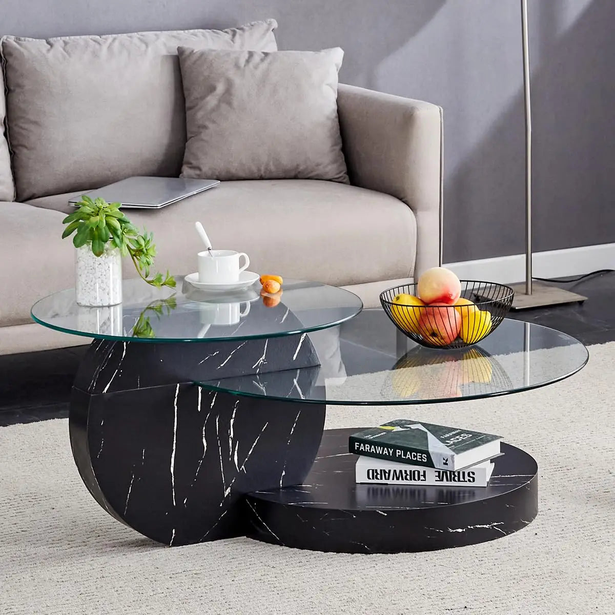 Round Glass Coffee Table With Wood Base Storage Modern Design