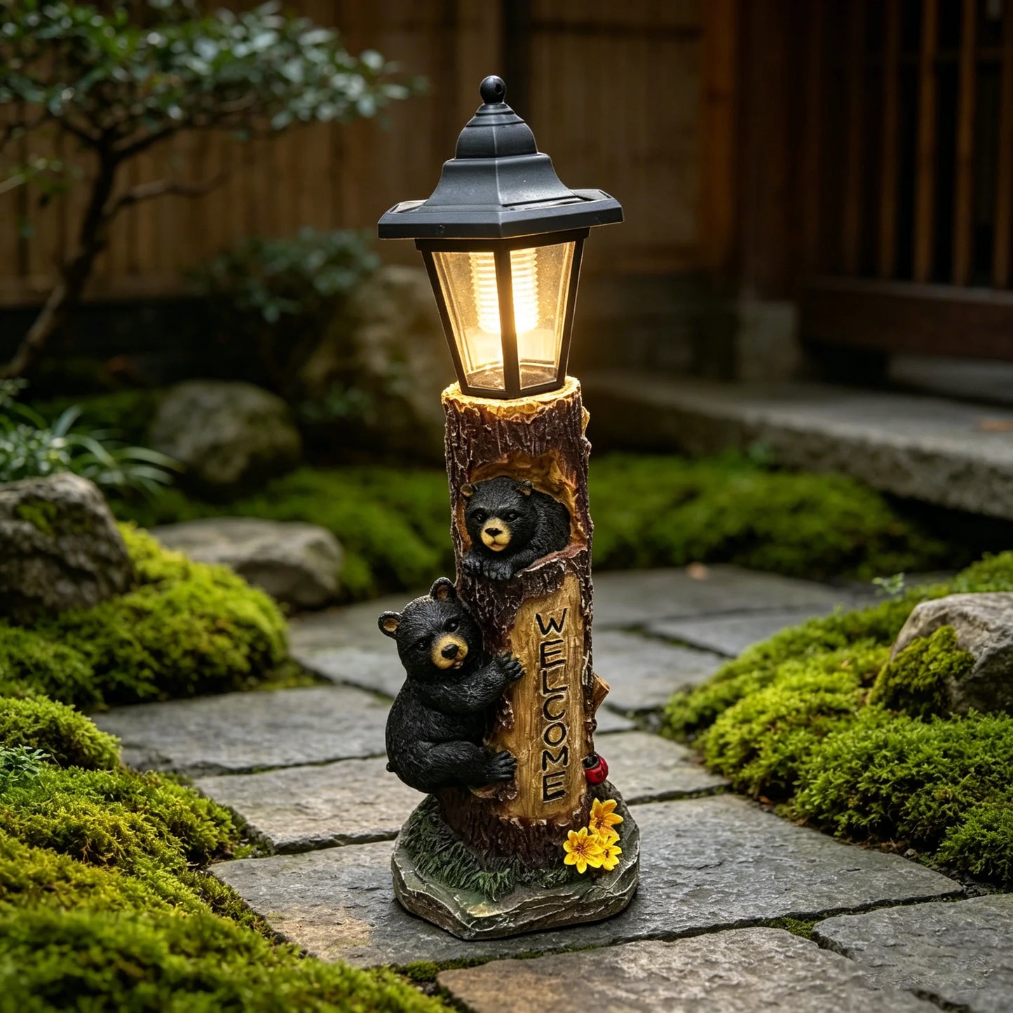 Solar Powered Bear Welcome Statue For Garden