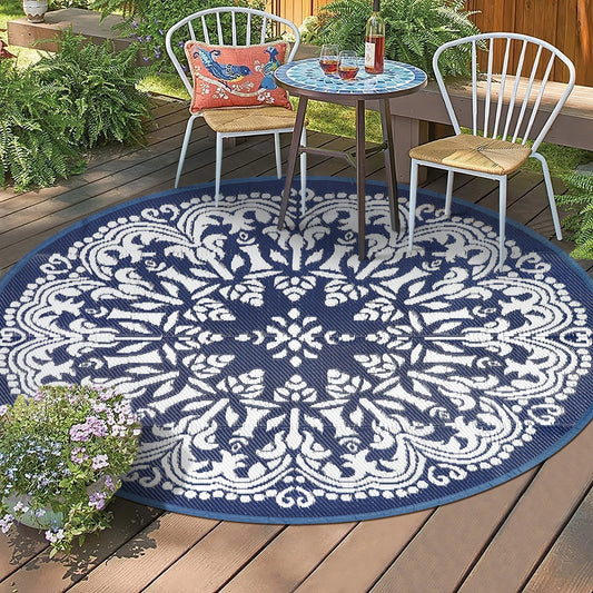 Round Outdoor Rug Portable Waterproof Reversible Plastic Straw Mat
