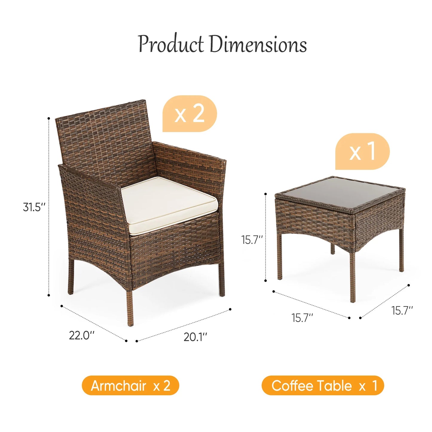 JHK Outdoor 3-Piece Wicker Patio Furniture Set With Glass Table