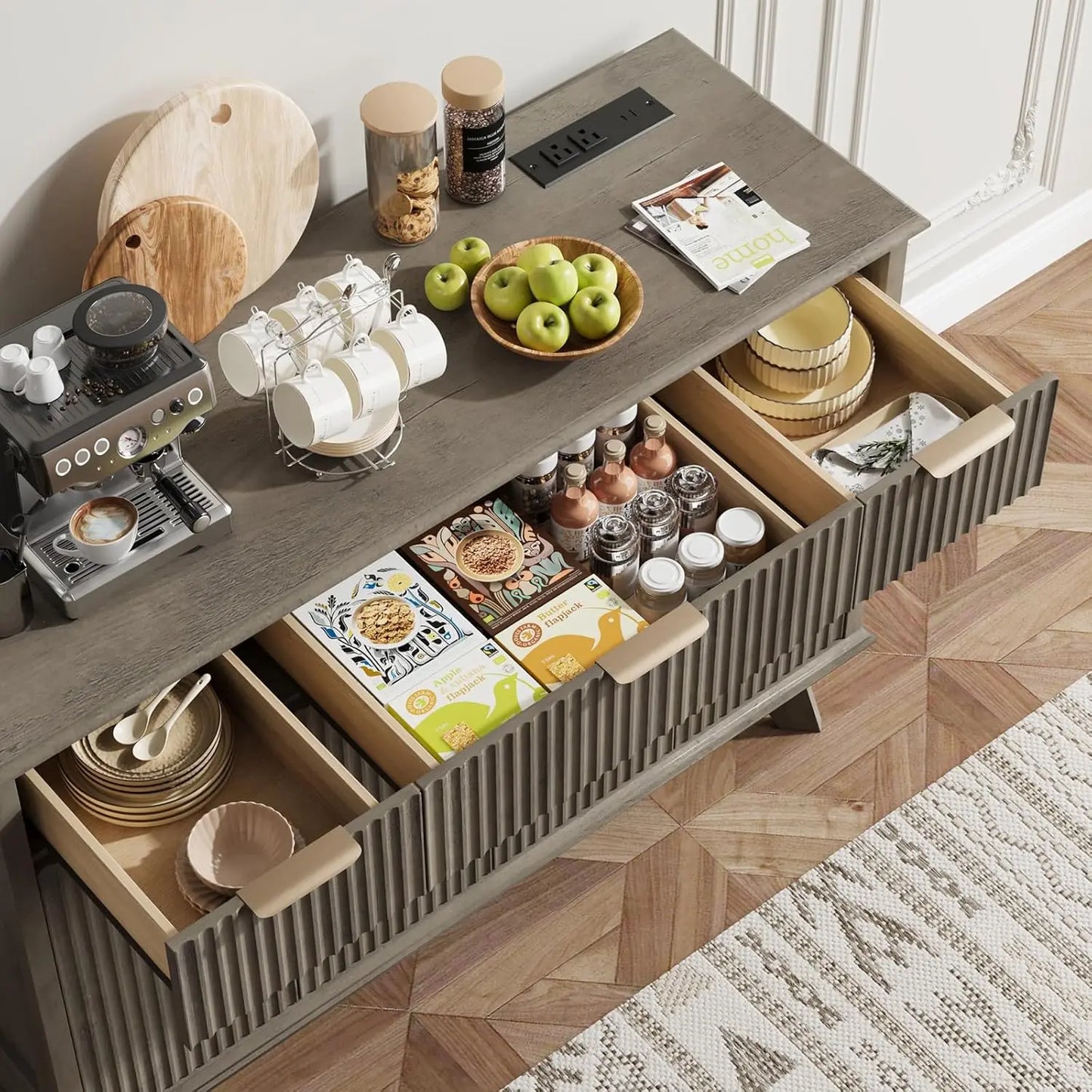 QUW Fluted Sideboard Buffet Cabinet With Charging Station